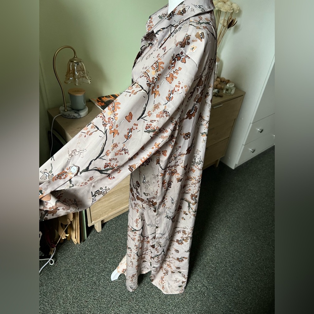 Autumnal Print Modest Maxi Button Down Relaxed Fit Long-Sleeve Satin Dress Sz XL - Picture 12 of 16